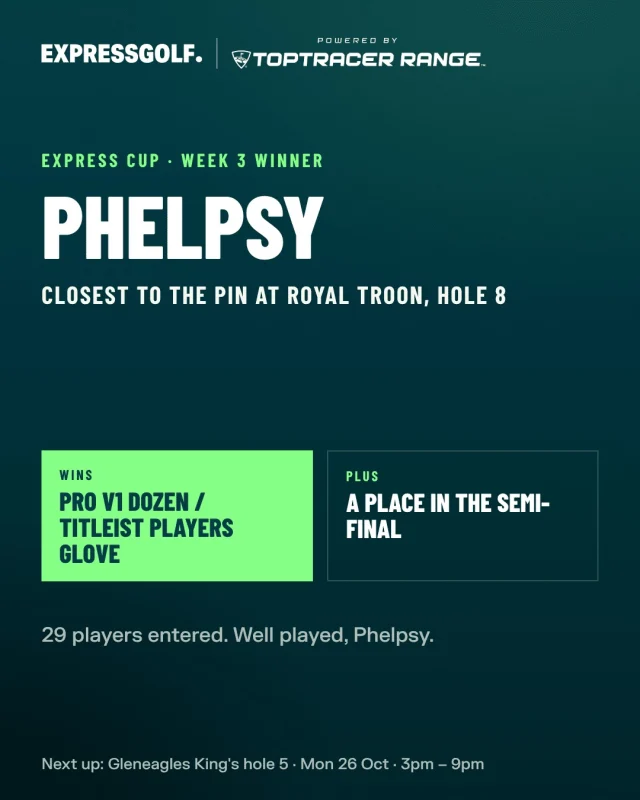 🏆 Express Cup week 3 winner: Phelpsy!

Closest to the pin at Royal Troon, hole 8 — out of 29 players. Phelpsy wins Pro V1 Dozen / Titleist Players Glove and a place in the semi-final.

The Express Cup runs every Monday, 3–9pm, free to enter on the Toptracer Range. Full standings and next week's hole: link in bio.

Express Golf, powered by Toptracer Range.
#ToptracerRange #ExpressCup #ClosestToThePin #Bradford #Leeds